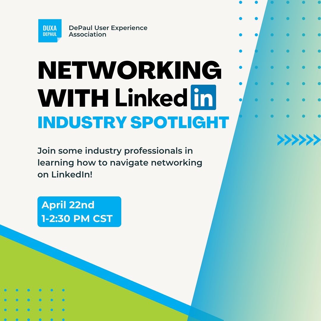 duxadepaul's tweet photo. Introducing a new DUXA event- Networking with LinkedIn: Industry Spotlight!  We're excited to hear from guest speakers Kristine Yuen (Sr. Design Manager), Catherine Kim (UX Research Apprentice and career shifter), Diane Park (Associate Designer and former summer intern),
(1/2) https://t.co/Yl29c7lpDC