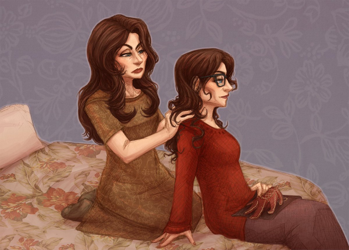 Faerthingale's tweet photo. I can have some marith bedroom hair-styling. As a treat.
#michellegomez #CaosLilith #MaryWardwell #caosfanart #marith
(Mary is sewing inner lining for new autumn gloves.) https://t.co/M5r12qhXN5