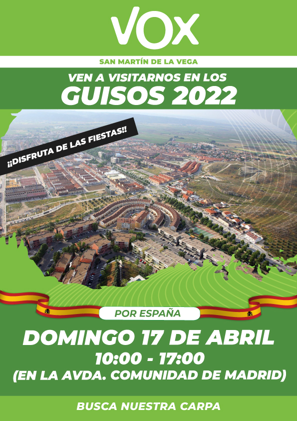 VOX_SMV's tweet photo. ¡¡Os esperamos 💪🇪🇸💚!!

📆 Domingo 17 de Abril 2022.
🕐 De 10:00 a 17:00 horas
📍 Avda. Comunidad de Madrid (busca nuestra carpa es inconfundible 🤪)

🟢Disfrutemos de las fiestas de San Martín De la Vega.

#SoloQuedaVOX https://t.co/qDrKWMDNnR