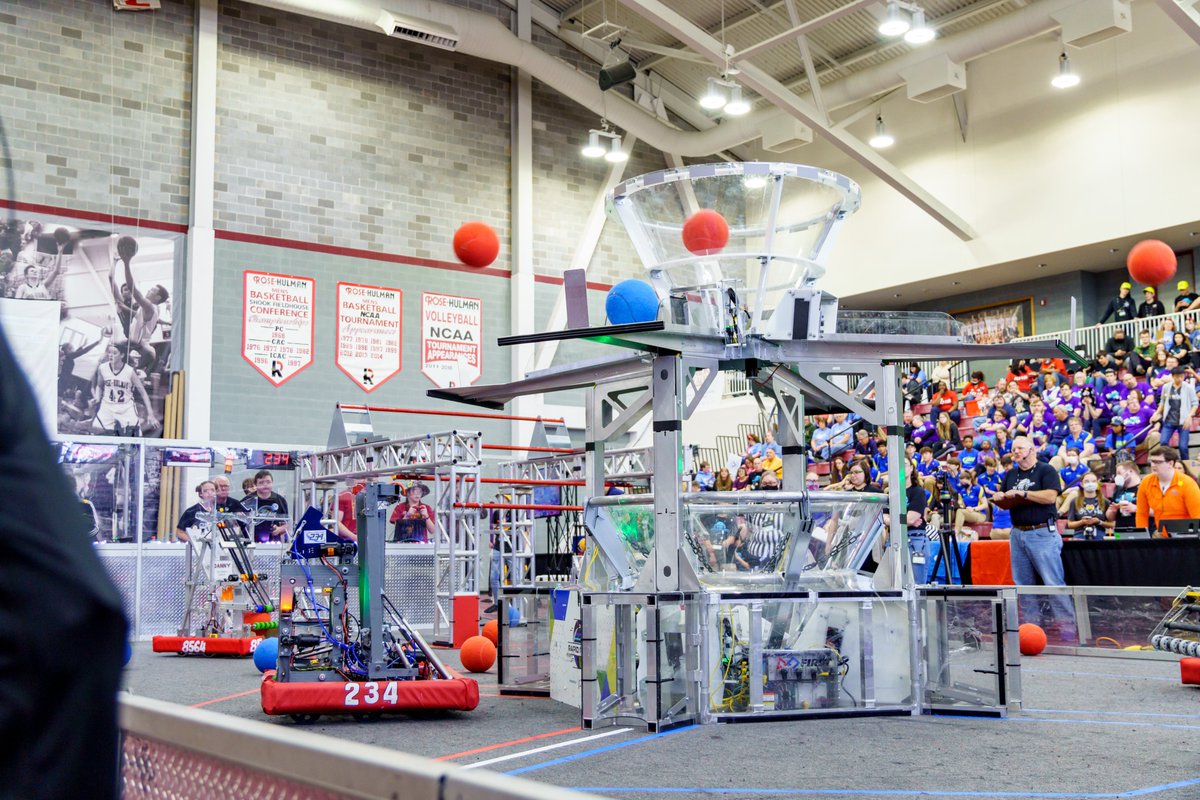 RoseHulman's tweet photo. Welcome to Day 2 of @FIRSTINRobotics State Finals, taking place in our Sports &amp; Recreation Center. This is a free event. Opening ceremonies are @ 9 am with final qualifying matches 9:30-11:30 am &amp; playoff matches 1:15-4 pm. There's also lots to see in teams' pits &amp; practice area. https://t.co/kaKFv3Z2Il