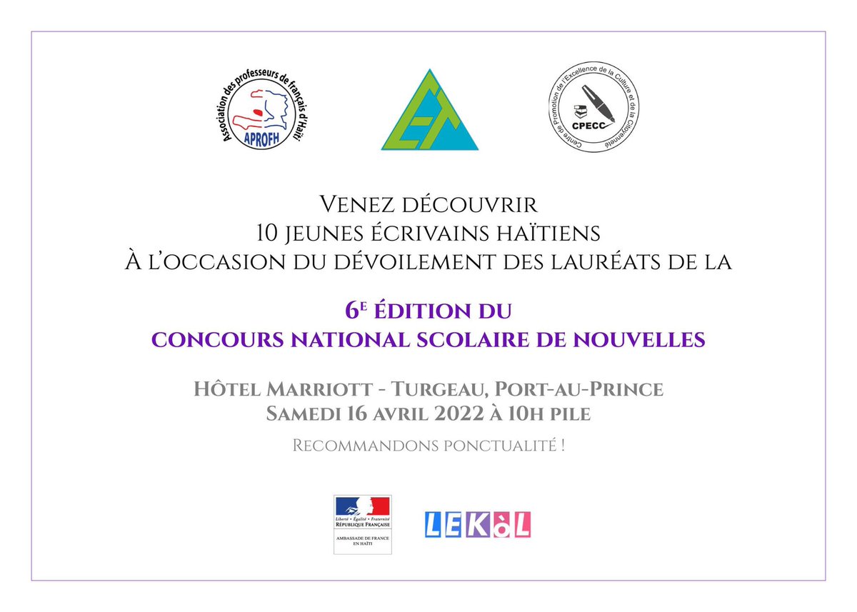 lekolht's tweet photo. #LEKòL sera à la 6ᵉ édition du "Concours National Scolaire de Nouvelles" à📍 @marriotthaiti, le samedi 16 avril 2022 🕦10h AM. Soyez des nôtres. https://t.co/eTle90cBs5