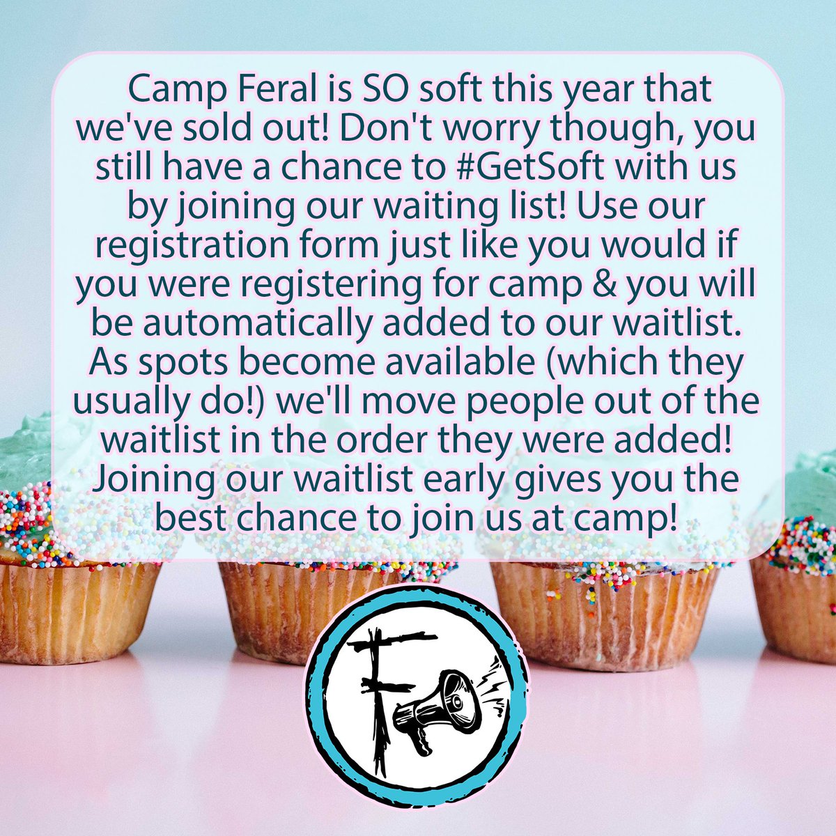 CampFeral's tweet photo. Camp Feral is SO soft this year that we've sold out! Don't worry though, you still have a chance to #GetSoft with us by joining our waiting list! Use our registration form just like you would if you were registering for camp &amp; you will be automatically added to our waitlist. 1/2 https://t.co/luKZZKb2Lw