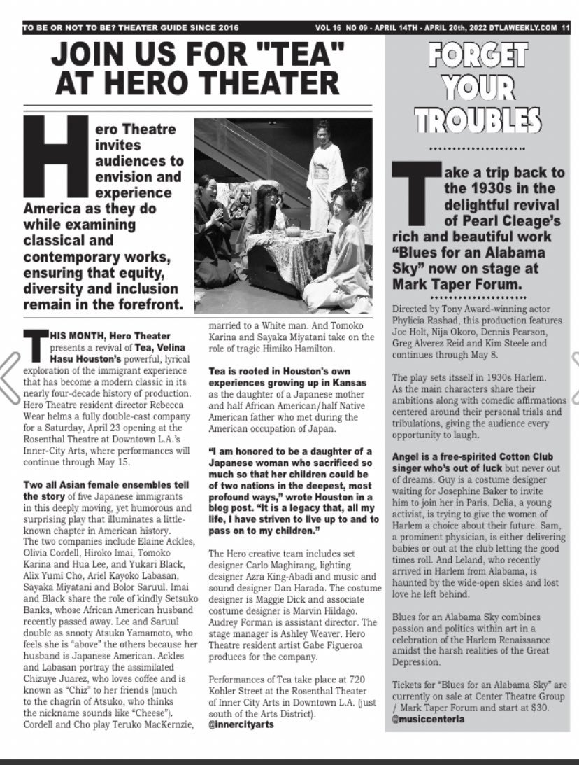 We’re in the Downtown Weekly! Join us for TEA 4/21-5/15. Tkts and info in our link! 
<a href="/dtlaweekly/">Heroes of America</a>  <a href="/issuu/">Issuu</a> #teaherotheatre •
#herotheatre #teamhero #teaherotheatre #latheatre #lathtr #velinahasuhouston