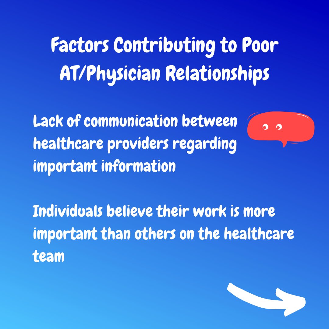 ATcollaborate's tweet photo. Some reasons the literature suggests contribute to poor AT/physician relationships. What do you think? Do you agree with these? Are there other factors that are missing?

Comment or DM us your thoughts! https://t.co/WNm2YjEqgm
