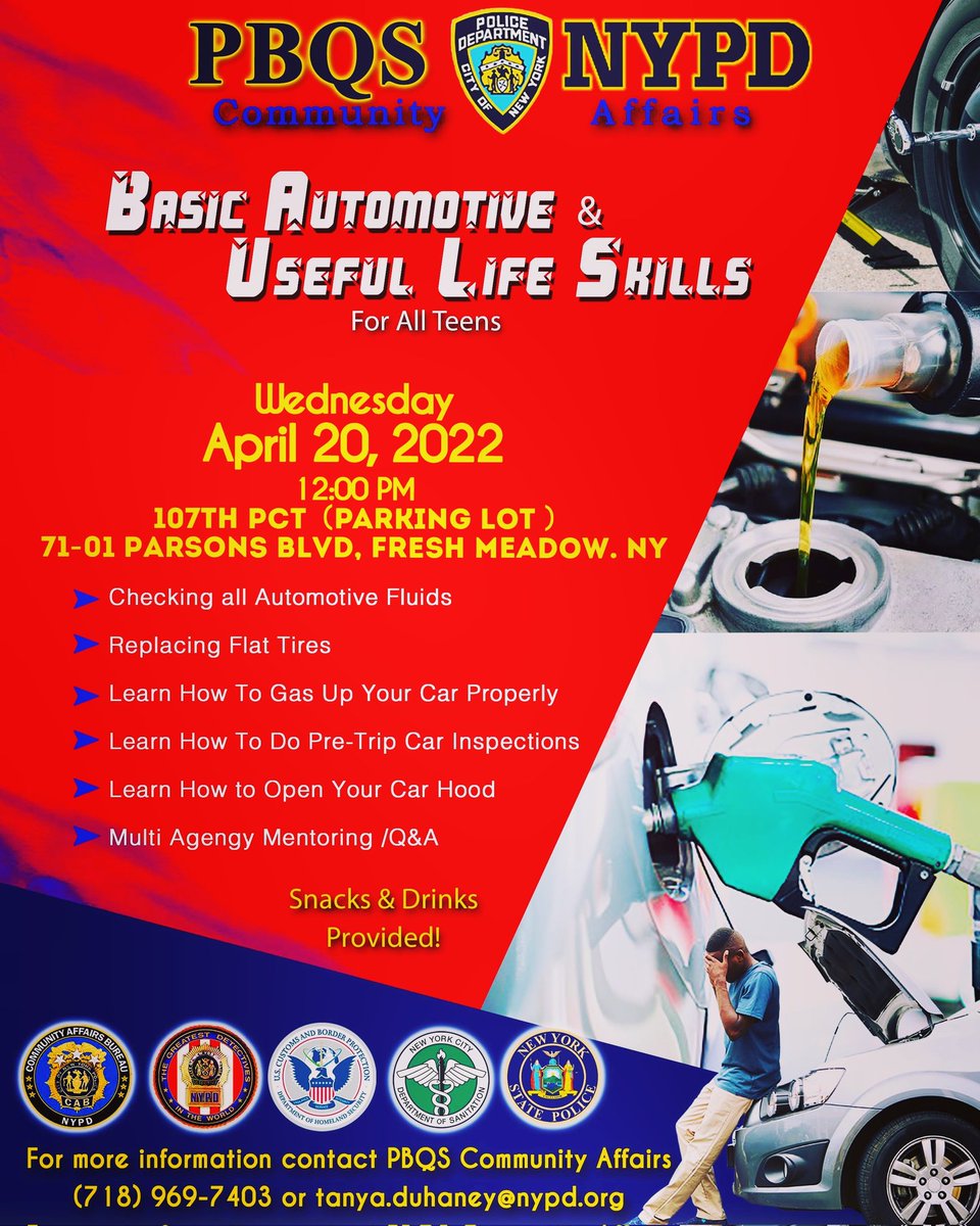 Join us on Wed 4/20/22 at 12pm.
PBQS Comm-Affairs will teach  youth & adults basic automotive need to know information. Thanks to @CBPNewYorkCity @FDNY and @NYCSanitation for collaborating on this highly requested project. Please RT. #springrecess
#thisiswhatwedo #copswhocare