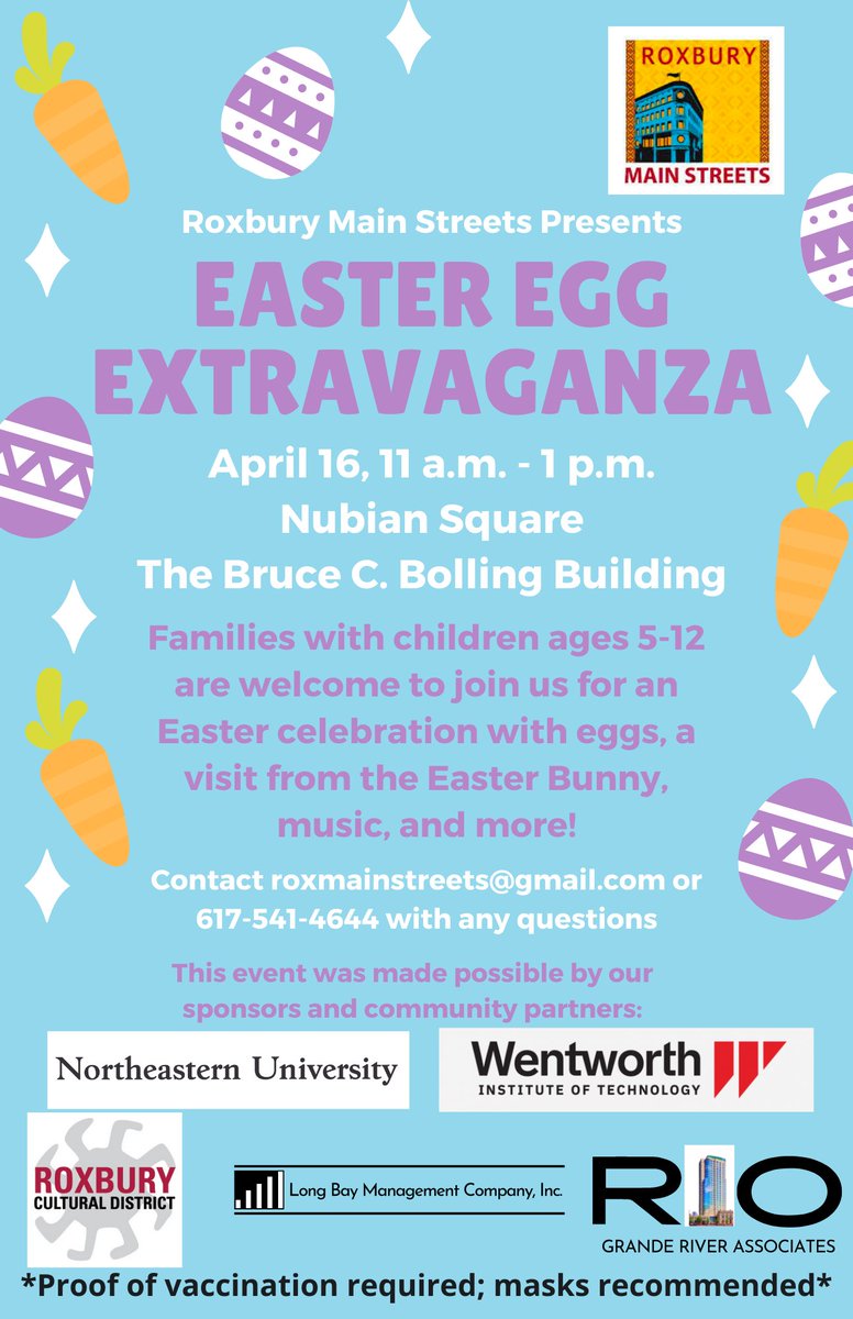 Join us in an Easter Egg Extravaganza TOMORROW, 4/16, in Nubian Square from 11 am-1 pm! Families with children from the ages 5-12 are welcome to join us and the Easter Bunny in The Bruce C. Bolling Building! **Proof of vaccination required and masks are recommended**