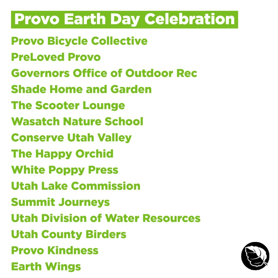 ProvoRecreation's tweet photo. Shoutout to these amazing local organizations! Come to Bicentennial Park on Earth Day from 4-6 PM to learn how to go green and appreciate nature in Provo! #utah #provo #EarthDay2022 https://t.co/CPqrPsKlT1