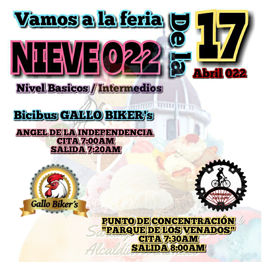 GalloBiker's tweet photo. Este proximo domingo vamos a LA FERIA DE LA NIEVE en TULYEHUALCO. GALLO BIKER's te apoya y te acompaña a llegar del "ANGEL DE LA INDEPENDENCIA" al "PARQUE DE LOS VENADOS" donde sera la concentracion general para salir a esta deliciosa rodada.
#fuerzagallos https://t.co/muwzdugwXS
