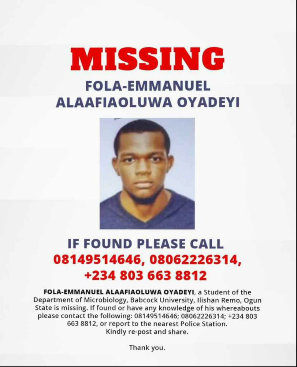 Hi. My friends brother is missing. If spotted, pls call 08149514646, 08062226314