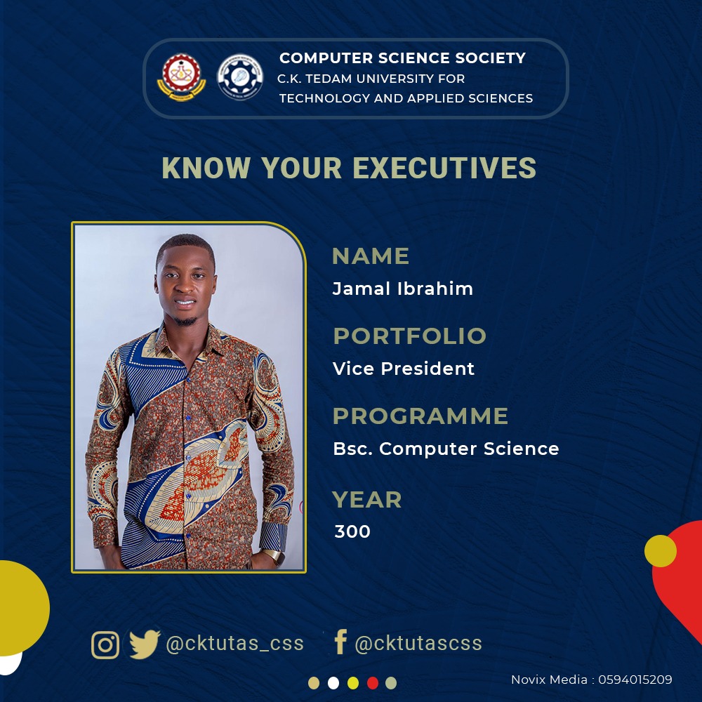 cktutas_css's tweet photo. Fellow members, I present to you your 2021/2022 executives. 
☆------------------------------------------------------------☆

Mr. JAMAL IBRAHIM (@Ibrahim94684849)- CSS VICE PRESIDENT

Wishing you well in your office.

#KnowYourExecutives 
#coded4action https://t.co/awFAMAOzvW