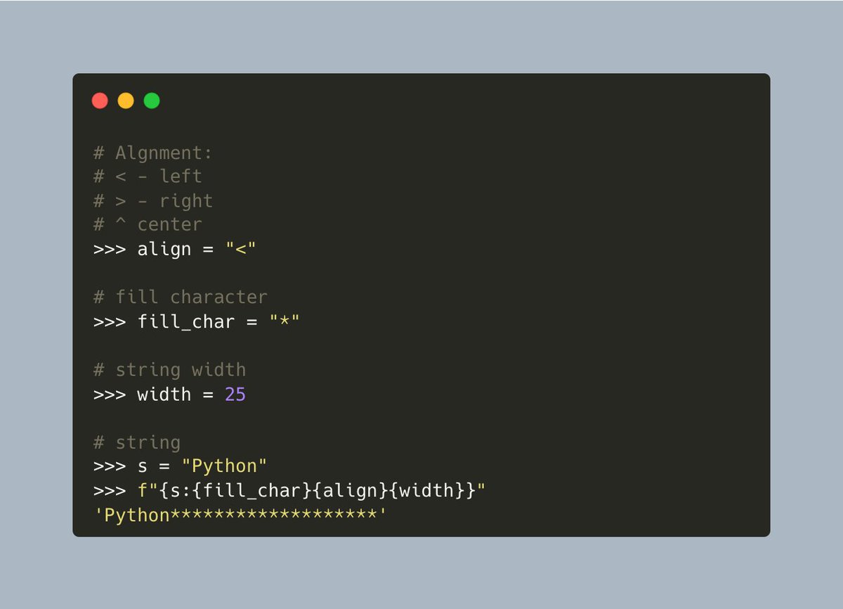 driscollis's tweet image. Did you know you can nest f-string syntax in #Python to control string alignment?

🐍🔥🚀

Here's an example: