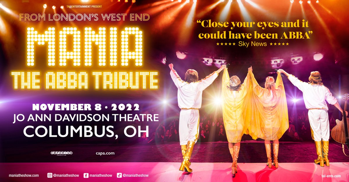 Now on sale!

@maniatheshow will perform on Tuesday, November 8, at the Davidson Theatre!

Save your seat now: my.cbusarts.com/3762

#cbusarts #maniatheshow #abbatribute #davidsontheatre #columbusohio #expcols