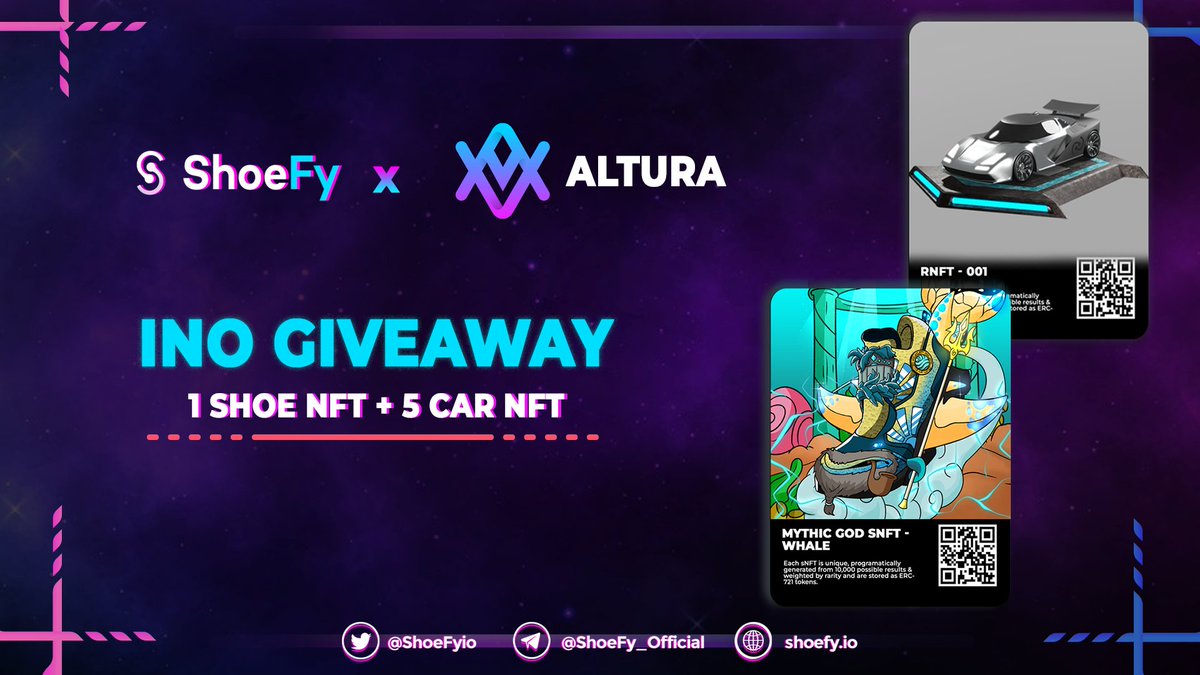 ShoeFyio's tweet photo. ShoeFy x Altura INO Giveaway

We are celebrating our INO on @altura_nft starting next week!

Complete the tasks &amp; win:

🏆 1st Prize - 1 SHOE NFT Box + 1 CAR NFT
🌟Next 4 get 1 Car NFT each
👉 https://t.co/U1FRGM1VUX

#NFTCommunity #NFTGiveaway #NFTdrops #NFTminting #INO #Airdrop https://t.co/atBw2qdOmP