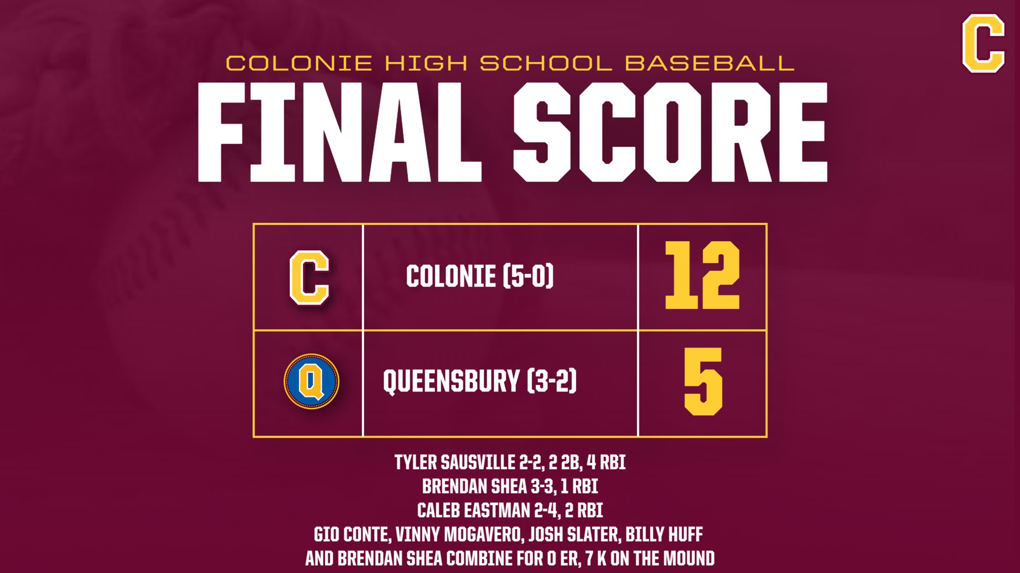 Colonie Baseball on Twitter "Varsity comes back to beat Queensbury 12