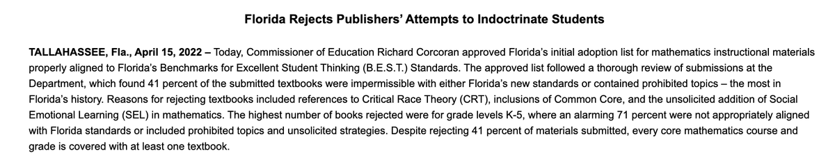 Well, that was fast. Florida is rejecting *math* textbooks for not complying with its new anti-CRT and anti-social emotional learning laws. Learn more about what these bills actually say here: nytimes.com/2022/03/18/us/…