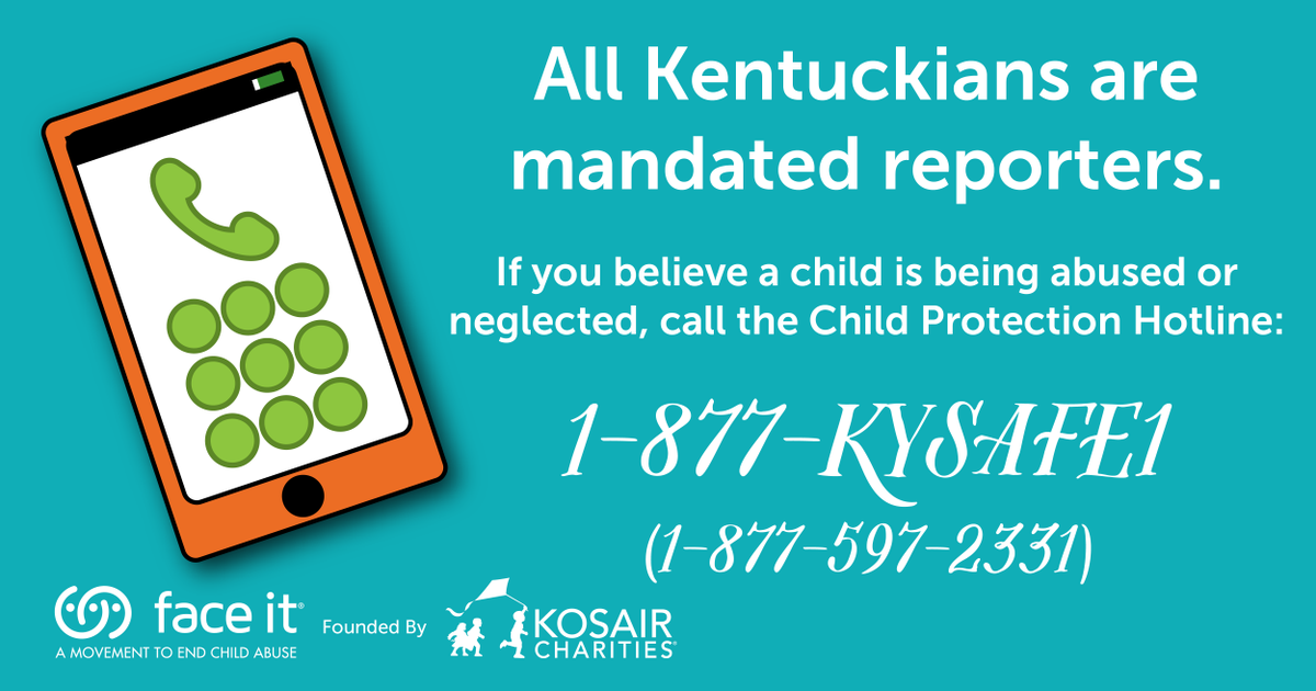 BounceCoalition's tweet photo. All Kentuckians are mandated reporters of child abuse. If you suspect abuse or neglect, report it. Learn more from our partners at @faceitabuse: https://t.co/8aCd5pnWPr #CAPM2022 #FaceItMovement https://t.co/ziEZUQ9tfI