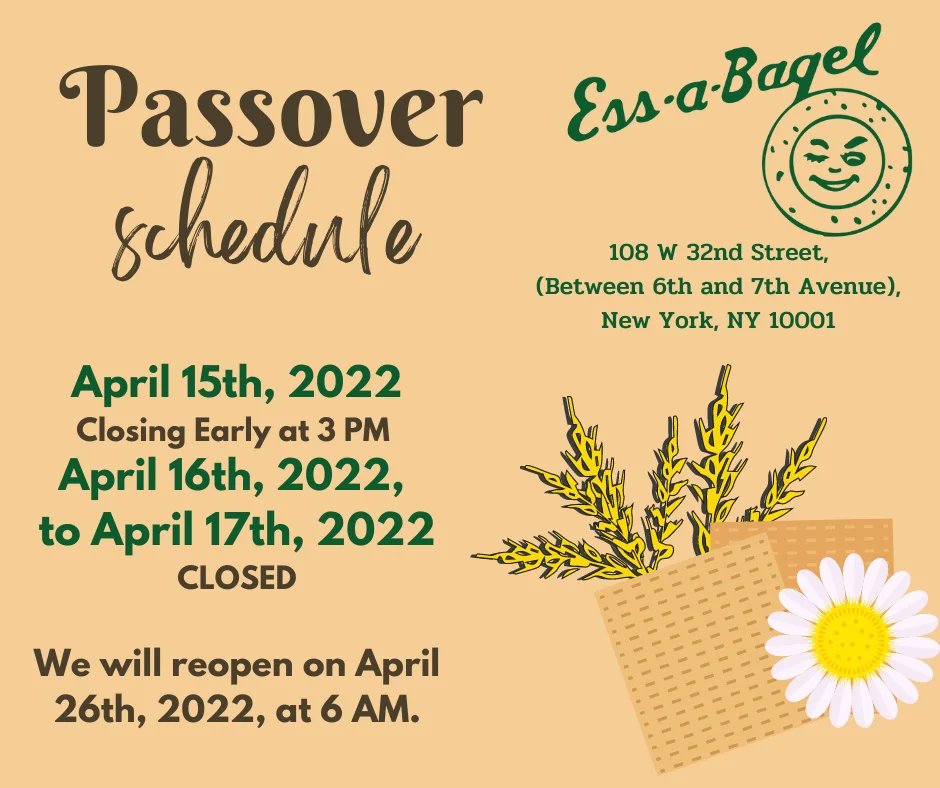 Essabagel3's tweet photo. Passover schedule! 

#passover2022 #weekend https://t.co/nhuWHUrlk3