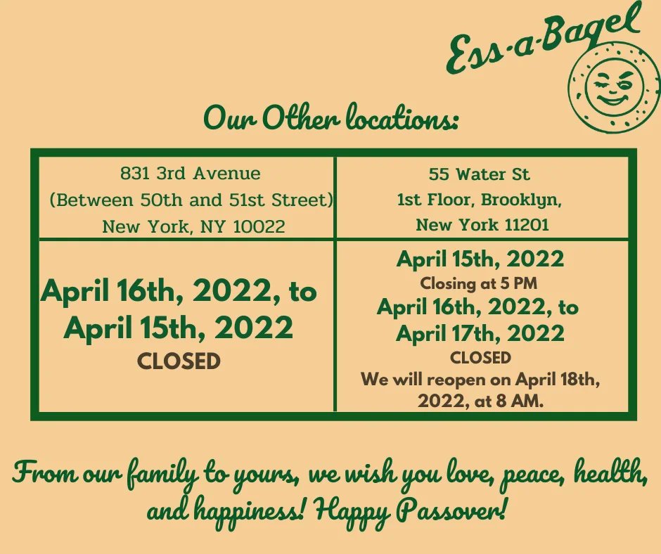 Essabagel3's tweet photo. Passover schedule! 

#passover2022 #weekend https://t.co/nhuWHUrlk3
