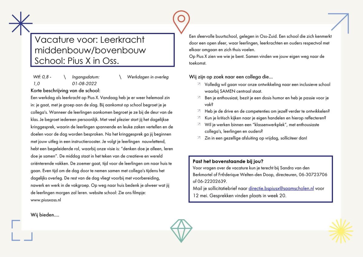 Zin om te werken op een fijne school? Reageer dan vooral op onze vacature. We gaan graag met je in gesprek.
