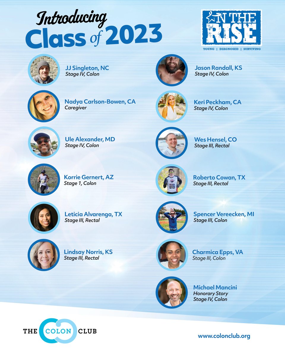 The Colon Club is pleased to introduce the Class of 2023! Congratulations to these survivors and caregivers on being selected to be featured in the 2023 On The Rise publication. We will be seeing y'all at Colon Camp!