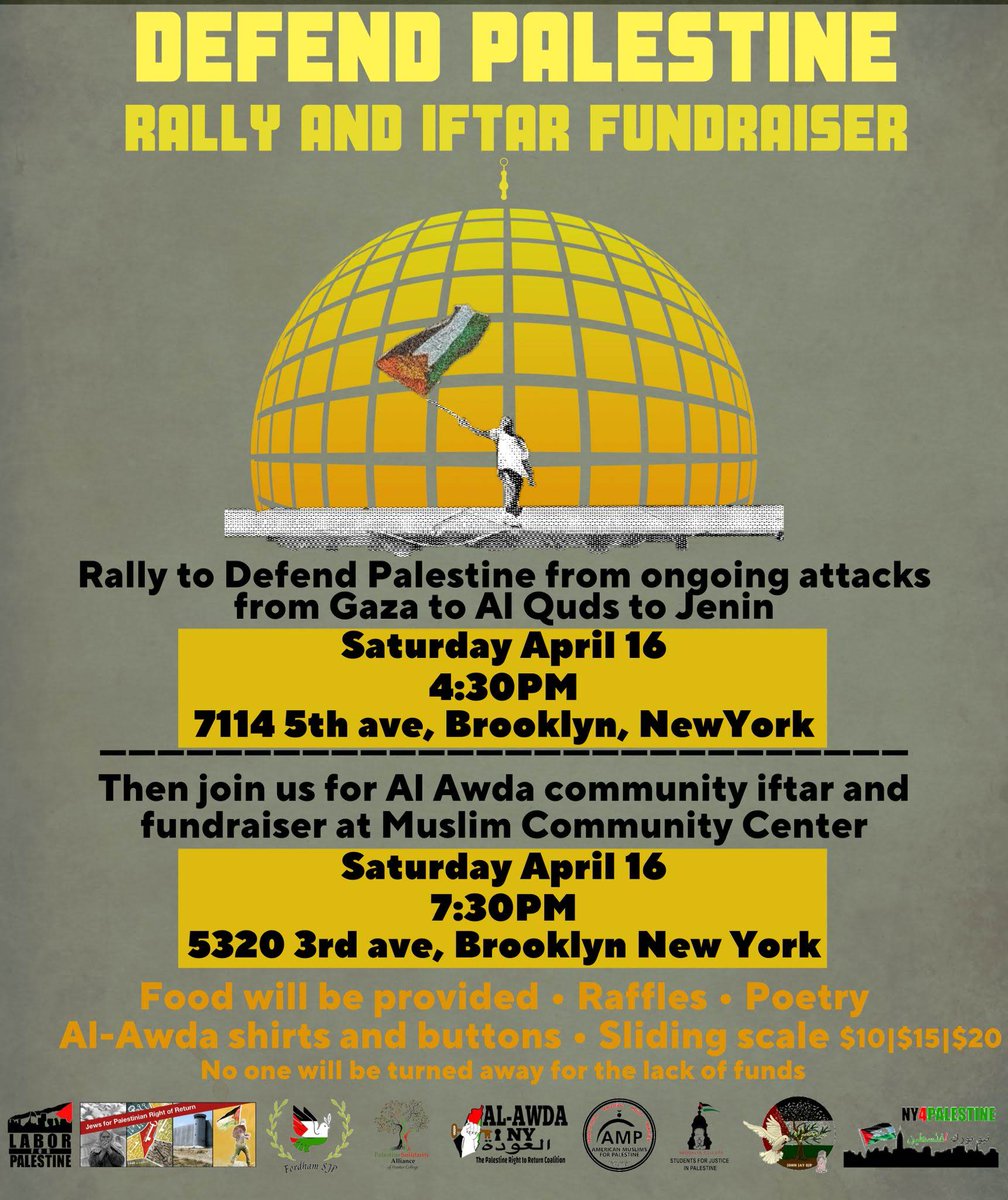 Emergency Rally Saturday, 4/16 in #BayRidge at 4:30pm  7114 5th Ave #Brooklyn
#HandsOffPalestine!!
#HandsOffAlAqsa!!
Dismantle the #ZionistApartheid entity!