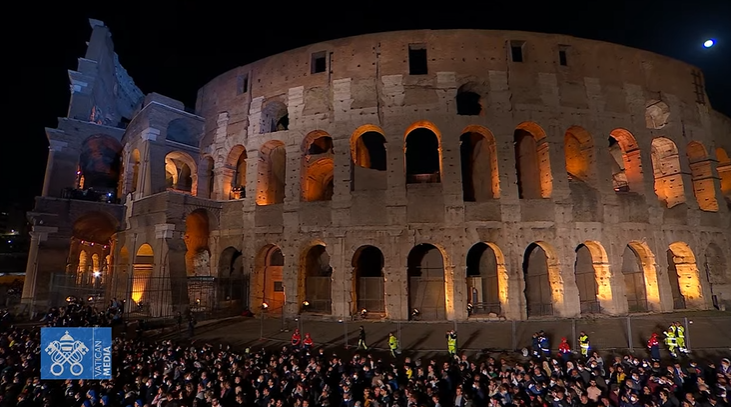 CatholicNewsSvc's tweet photo. Pope Francis greeting a family ahead of the Way of the Cross at the Colosseum. The meditations were written by families who carry difficult burdens in life, but find hope in faith, strength in their loved ones. https://t.co/iRmTWwrbg3