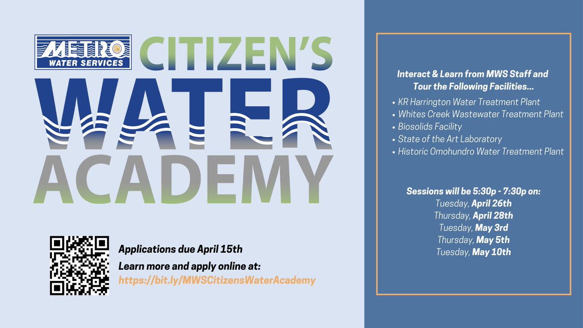NashvilleMWS's tweet photo. Last call! Today is the FINAL day we will accept applications for Citizen's Water Academy. Submit your application by the end of the day and take this opportunity to #DiscoverWater.
More information and the application can be found at: https://t.co/IjO1uMQaQB https://t.co/CcjXNUAIpK