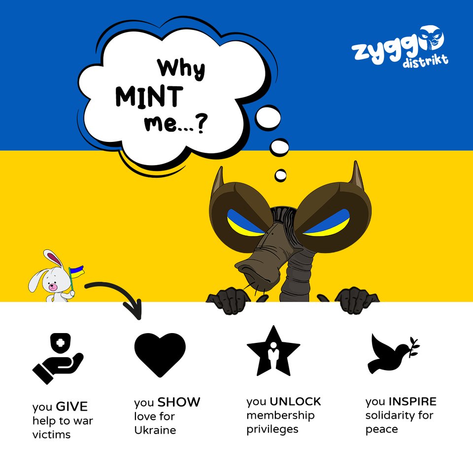#Zyggos4Ukraine | 1st independent #NFTcollection giving ALL sales profits to NGOs that look after #UkrainianRefugees.
🇺🇦 Join our #NFTSFORGOOD crypto movement on zyggodistrikt.com! Secure a trending #NFTinvestment &amp; membership privileges, while helping #war victims. ✊