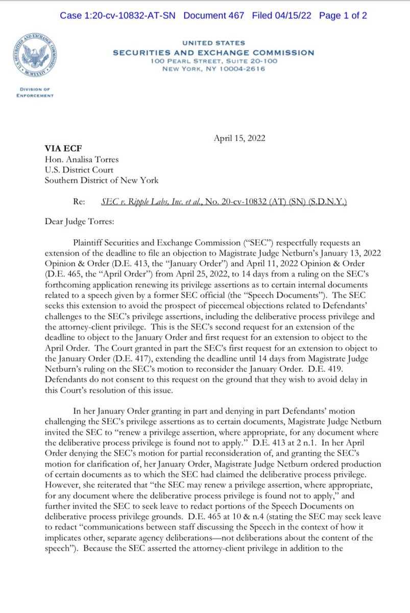 FilanLaw's tweet photo. #XRPCommunity #SECGov v #Ripple #XRP The SEC has filed a request for an extension of time to file its Objection to Magistrate Judge Netburn’s Ruling on the Motion for Reconsideration of the DPP Ruling.  The SEC is raising new privilege assertions. https://t.co/YgT0jqDqUE