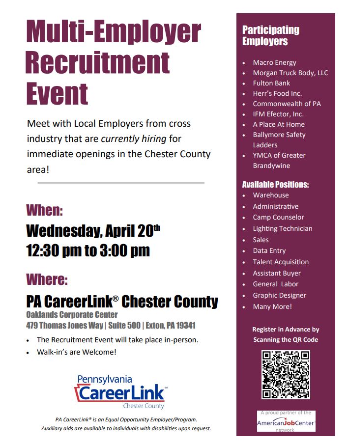 Our next Multi-Employer Recruitment Event is set for Wednesday, April 20th from 12:30 PM to 3:00 PM.  Please see attached flyer for more information.
