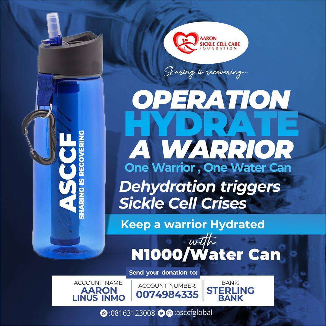 It's the OPERATION HYDRATE A WARRIOR CAMPAIGN. 
One warrior, one water can. 
 .
Each water can cost a thousand Nigeria naira.
#asccf #aaronsicklecellcarefoundation #sicklecellwarriors