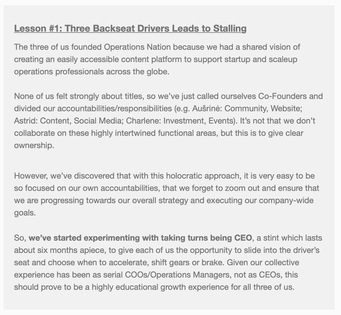 Inga Driksne (@ingadriksne) on Twitter photo Absolutely LOVE this approach from 3 co-founders of #OperationsNation - "a CEO on rotation".
Each co-founder gets a go at being a CEO for 6 months to get a good sense + opportunity of taking over the direction of the business. Brilliant <a href="/kersanskaite/">Ausrine Kersanskaite</a>.
#CEOonRotation #cofounders Absolutely LOVE this approach from 3 co-founders of #OperationsNation - "a CEO on rotation".
Each co-founder gets a go at being a CEO for 6 months to get a good sense + opportunity of taking over the direction of the business. Brilliant <a href="/kersanskaite/">Ausrine Kersanskaite</a>.
#CEOonRotation #cofounders