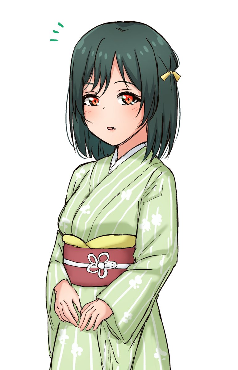 1girl japanese clothes kimono dark green hair solo red eyes sash  illustration images