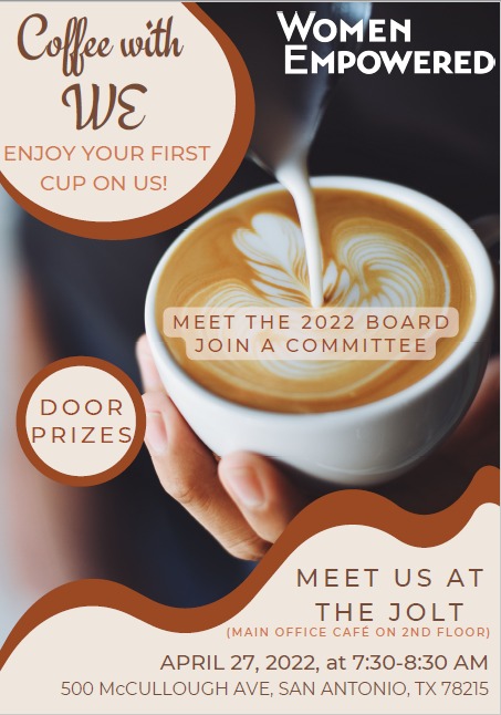 WE_CPSEnergy's tweet photo. Coffee with WE
Enjoy your first cup on us!
Meet the 2022 WE Board and learn about opportunities to further empower your professional development through service on a committee.
Wednesday, April 27th 
7:30am – 8:30pm https://t.co/8c4sZcCKKs