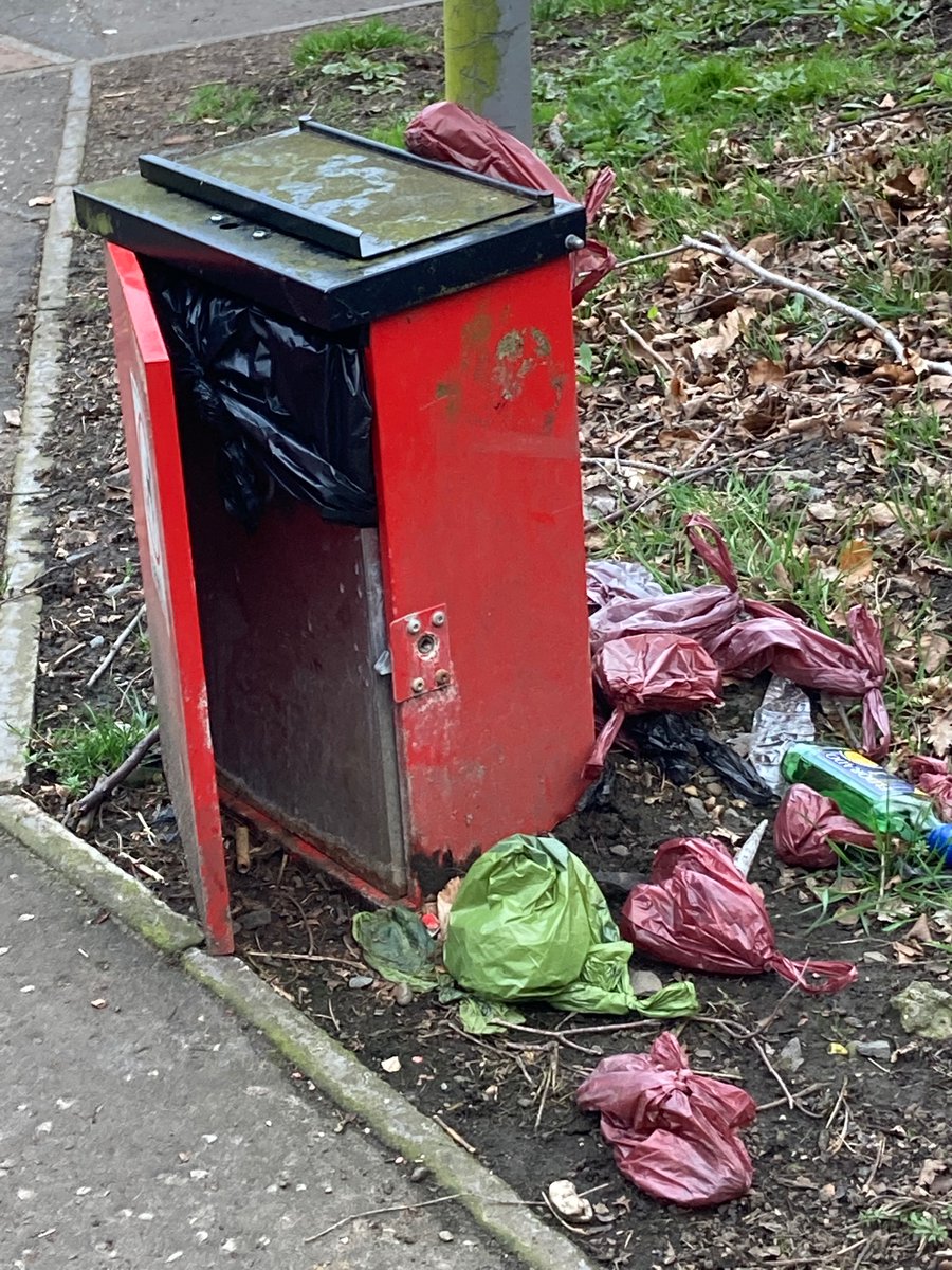 FalkirkFilthy's tweet image. Photographed this evening in Laurieston, Falkirk.   The dog poop bin is actually empty but the lazy dog walking feckers can’t be arsed putting their bags in the bin.   I despair!