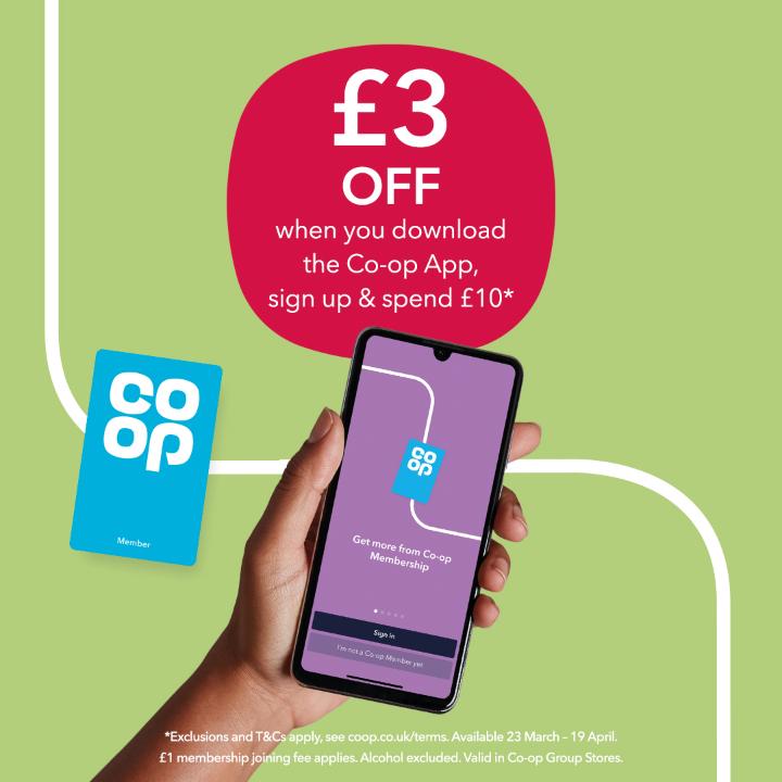 If you're not yet a <a href="/coopuk/">Co-op</a> member, download the Co-op App and get £3 off a £10 shop! Join us coop.uk/2mSiXct