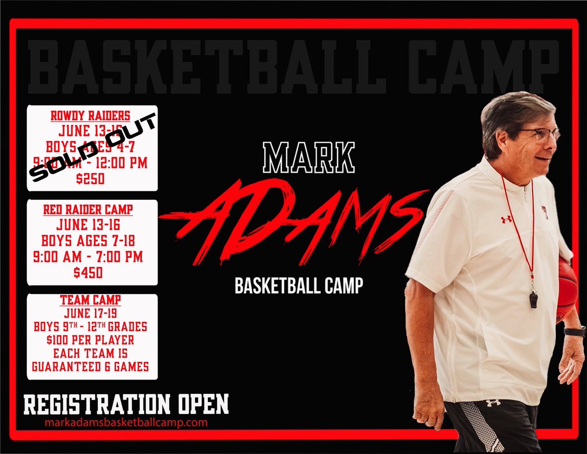 We were asked to post a witty caption to say camp spots are filling up… couldn’t think of anything good. 

Reply with what you would have tweeted to help us out. @CoachAdams_TTU will retweet his favorite on Sunday night. 

Sign up ⤵️
🔗: markadamsbasketballcamp.com