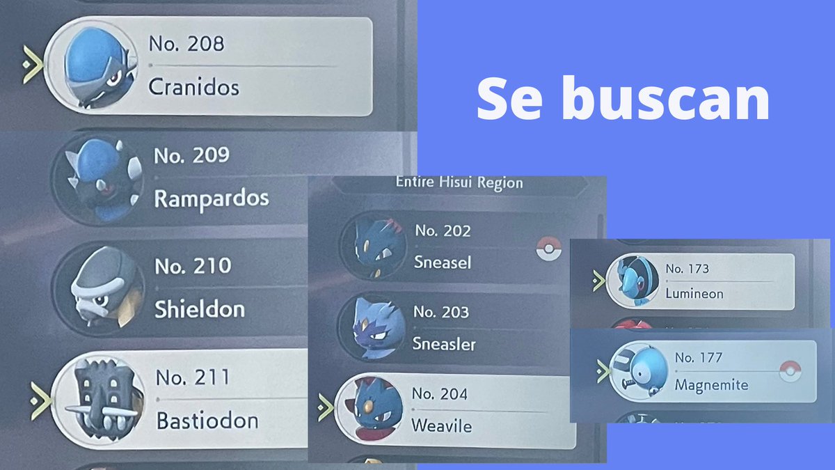 Blannkis_'s tweet photo. 🤪Esto de completar la Pokédex me está costando lo mío y he llegado a un punto muerto!! Alguna alma q pueda ayudarme y tenga un ratico xa intercambiar pokemon? 

Busco: 
Sneasel negro
Weavile 
Cranidos 
Rampardos 
Shieldon 
Bastiodon 
Magnemite
Lumineon

#PokemonLegendsArceus https://t.co/OLj0ApEZMz