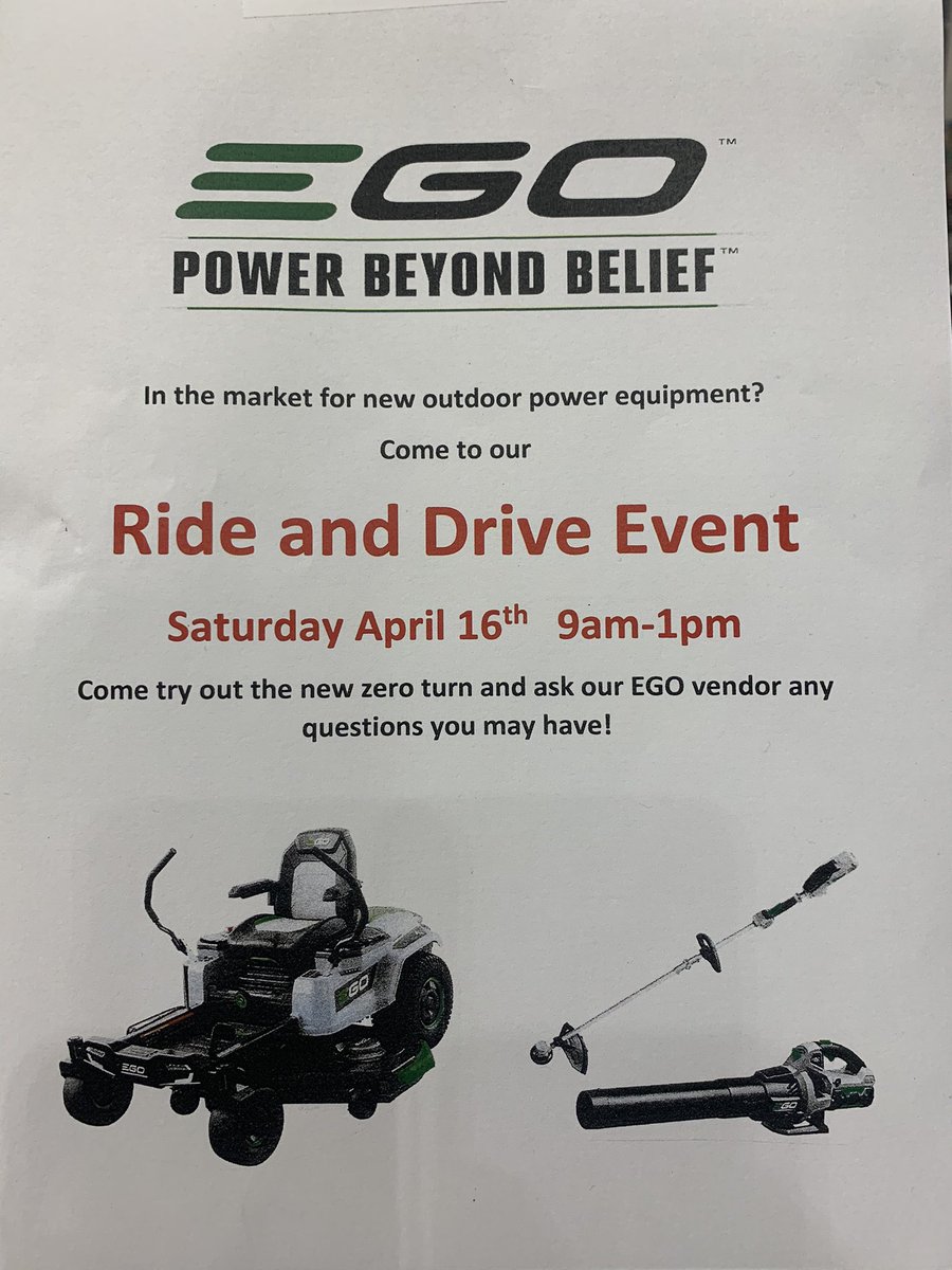 Hey <a href="/ChantillyLowes/">Lowe's of Chantilly, VA</a>  come by tomorrow for our Ride and Drive Event from 9-1 Our EGO rep will be here for all your power equipment questions and try out some awesome products <a href="/1290Lowes/">Lowes District 1290</a> <a href="/JoshWilner/">Josh Wilner</a> <a href="/ShuellWilliam/">William Shuell</a> <a href="/BenitoKomadina/">Benito.Komadina@Lowes</a>
