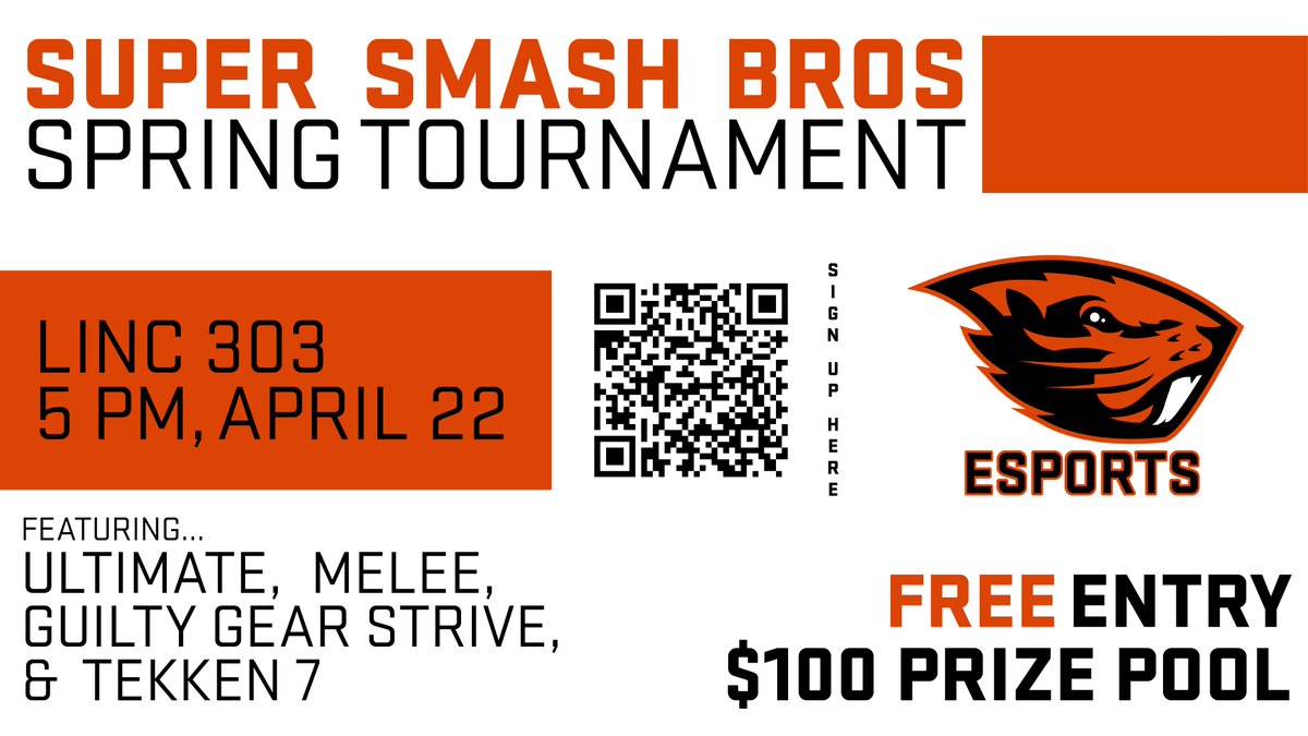 OSU Esports in collaboration with the Gaming Club, is proud to announce the Super Smash Bros Spring Tournament!

Featuring Smash Ultimate, Melee, Guilty Gear, and Tekken. Open to all students!

sign up &amp; more details -> smash.gg/tournament/lin… 

🦫 #GoBeavs #SuperSmashBros 🟠⚫️