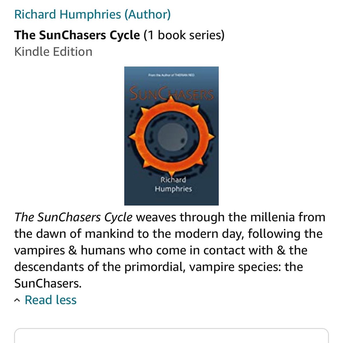 RhenryHumphries's tweet photo. I’ve made The SunChasers Cycle official on Amazon. Sacred Scarlet (Book 2) out this year. #vampires #vampire #vampirefiction #vampirebooks #booksynopsis #writerslife #vampirebite #bookseries #originalcharacter #vampyre #vampyremagazine #fictionbooks #fangfam @FANGORIA https://t.co/IxQqq4G0nA