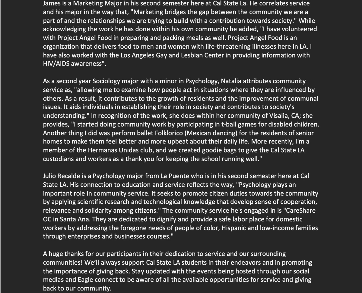CalStateLAServe's tweet image. Please join us in recognizing contest winners James Chestnut, Natalia Maldonado, and Julio Recalde over the next three posts, for their insightful reflections on community service and the MLK movement!