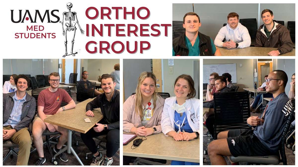 UAMSOrtho's tweet photo. Great discussion about away rotations, learning opportunities, &amp; mentorship with med students in our Ortho Interest Group at @uamshealth. It was led by @drjohnbracey with input &amp; tips from residents @SophieBlue90, @SeanParhamMD, &amp; incoming interns @MohlerSamantha &amp; @JasonEckels1 https://t.co/t2yhMSYqEK