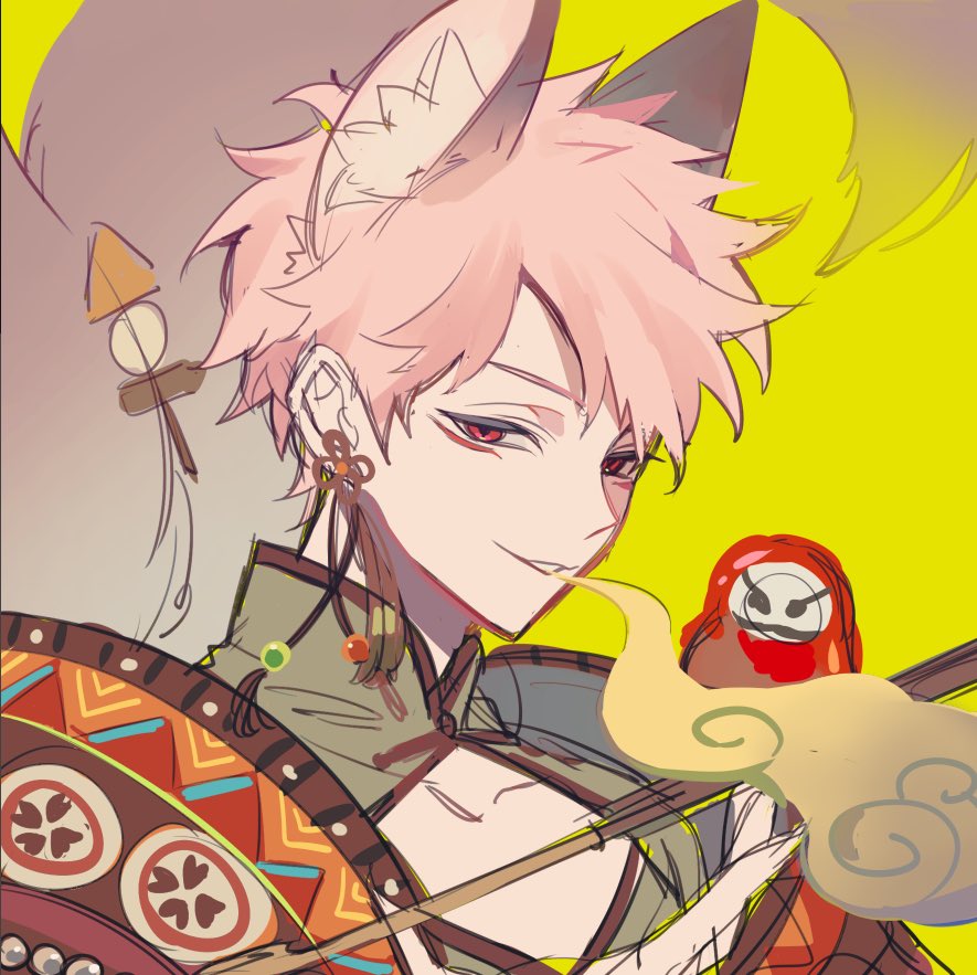 male focus 1boy pink hair jewelry animal ears solo red eyes  illustration images