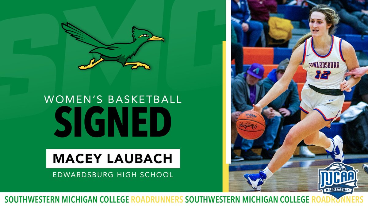 Green roadrunner signed graphics on the left with a picture of Macey Laubach with the ball on a break on the right.