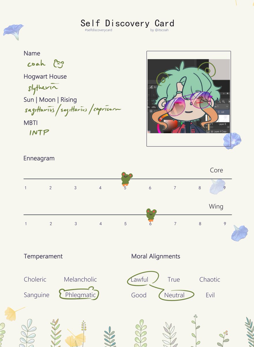 itscoah's tweet photo. i'm already down the rabbit hole so --
thought it'll be fun to drag others down as well ๐บ
#selfdiscoverycard #vtuber #ENvtuber #mbti #enneagram #moralalignment https://t.co/AZEvdCKT2m