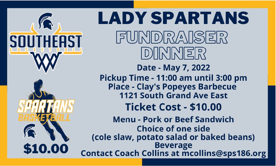 Mark your calendars! Your Lady Spartans will be hosting a Fundraiser Dinner at Clay's Popeye's Barbeque on May 7th! Tickets are $10.00 and can be purchased from Coach Collins! THANK YOU IN ADVANCE FOR YOUR SUPPORT!