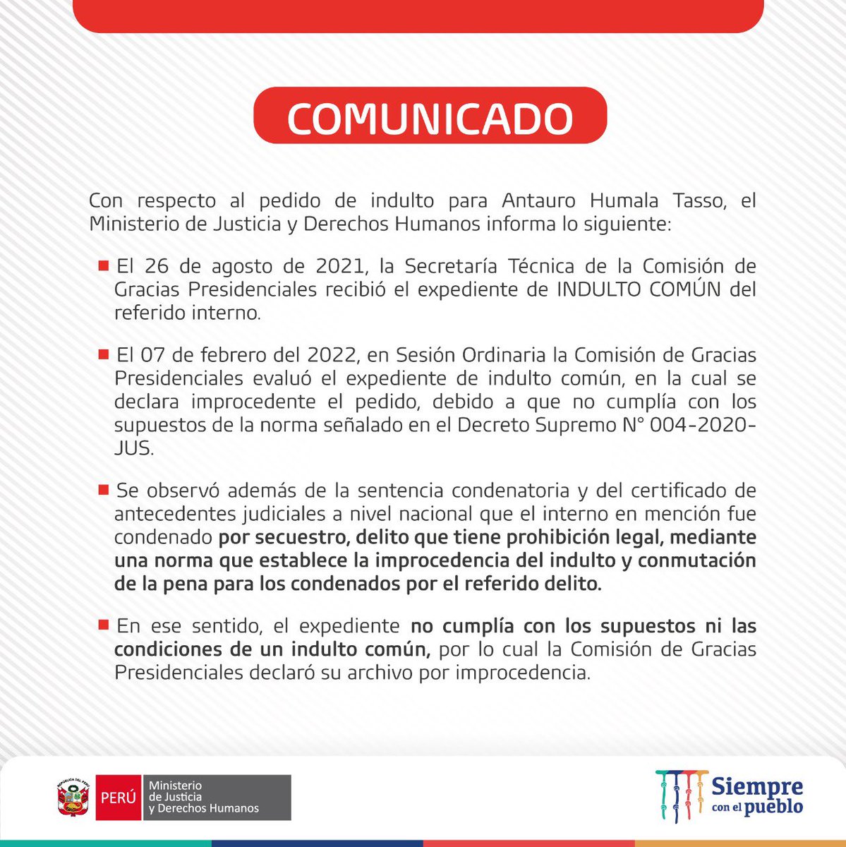 Lean con atención este comunicado del <a href="/MinjusDH_Peru/">Ministerio de Justicia y Derechos Humanos</a>, motivo de condena a  #AntauroHumala no da las condiciones para un indulto común.  ¡Gracias a Dios! #SemanaSanta #Perú