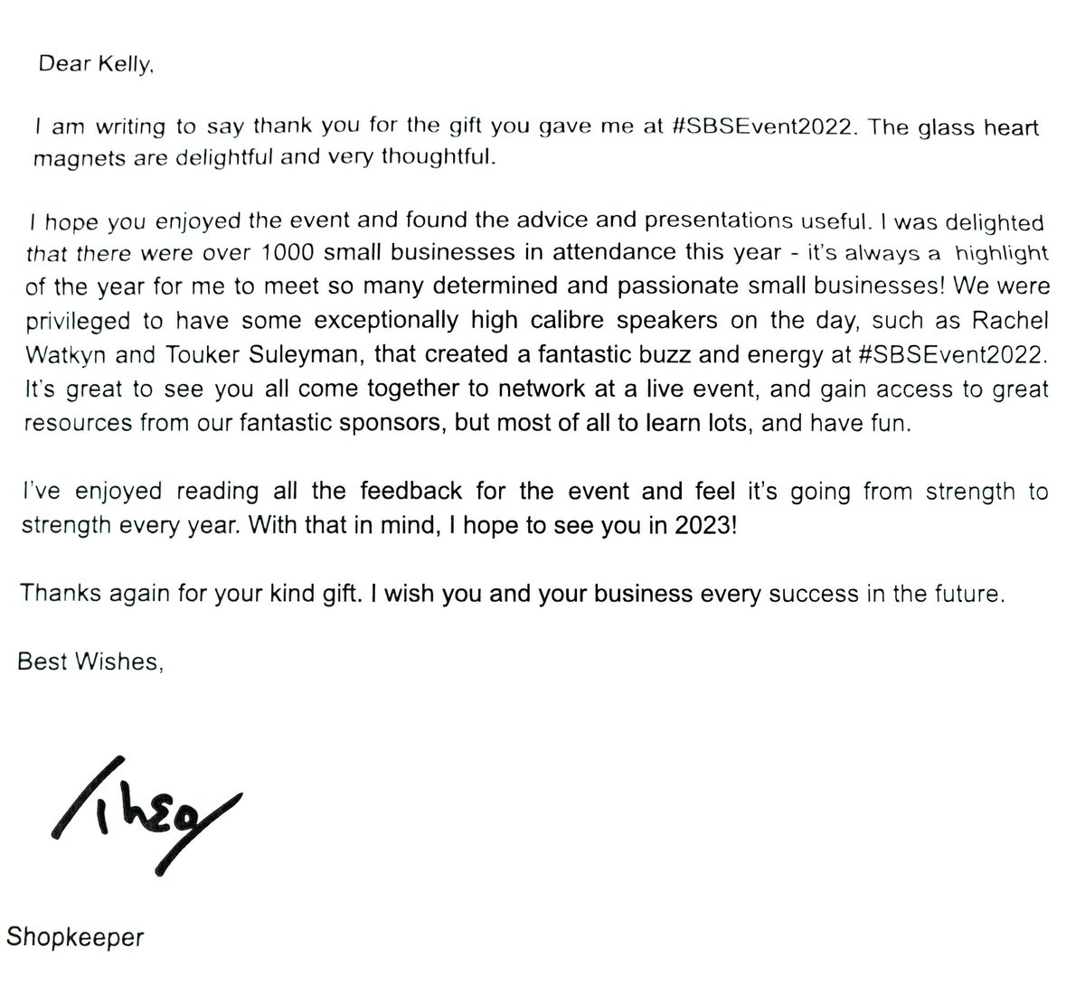How lovely! A personal thank you from <a href="/TheoPaphitis/">Theo Paphitis</a> ♥
I gave him some mini heart magnets at the #sbsevent2022 <a href="/TheSBS_Crew/">#SBS Crew</a> ☺