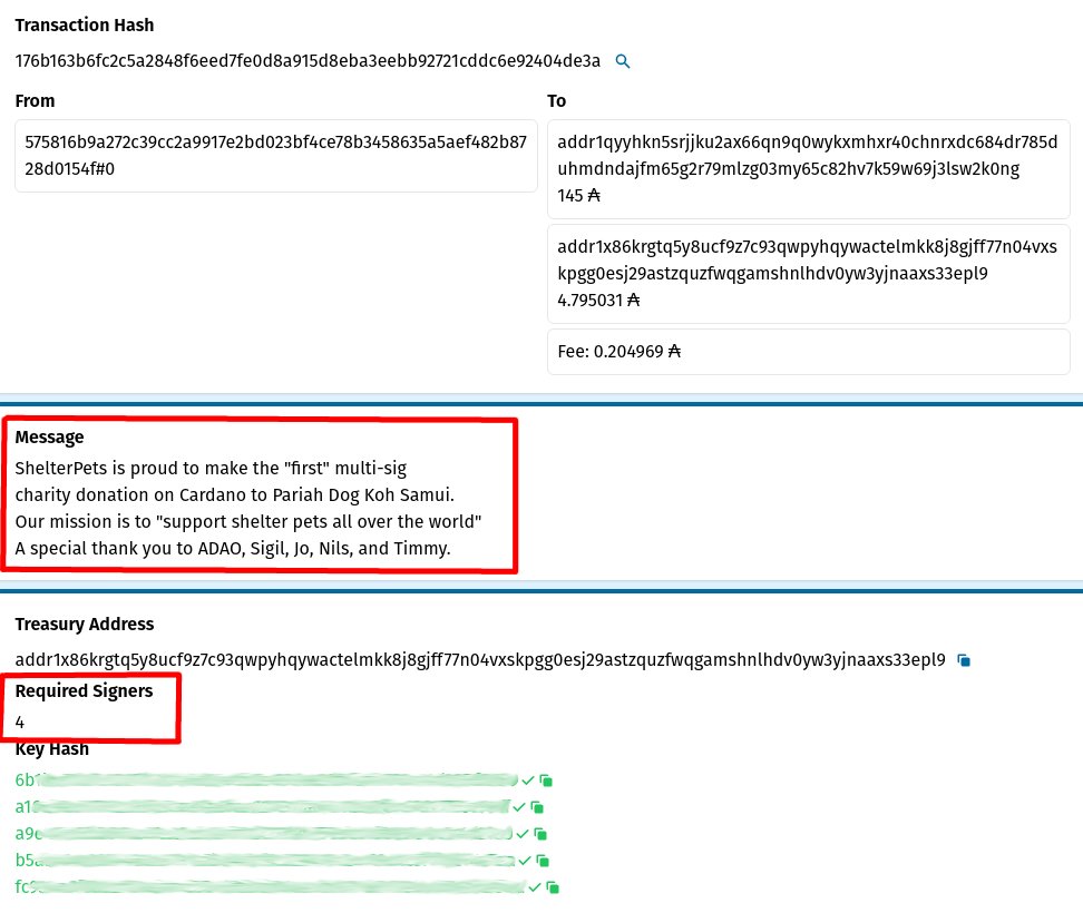 TrevWil's tweet photo. Multi-sig has arrived on Cardano!

@ShelterPetsCNFT is honored to have made the "first" multi-signature charity donation transaction on #Cardano. Which was 145 $ADA to @PariahDogSamui!

All powered by @ADAOcommunity's Round Table dApp utilizing 5 unique signatures on the TX. https://t.co/FrbGkIMxeS